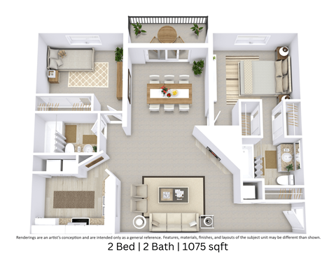 Floor plan for 2 beds, 2 baths, 1075 sqft